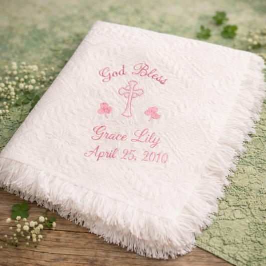 Personalized Embroidered Irish Baptismal/Birth Blanket #40 Shamrocks