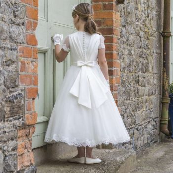 Mikado and Lace Tulle Communion Dress with Pleated Back – Faith and Begorra