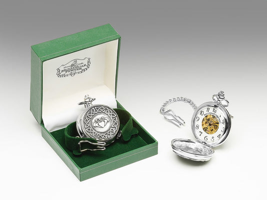 Mullingar Pewter Mechanical Pocket Watch with Pewter Claddagh Design