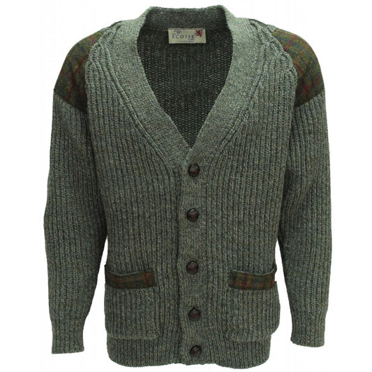 Chunky knit traditional cardigan with Harris Tweed patches