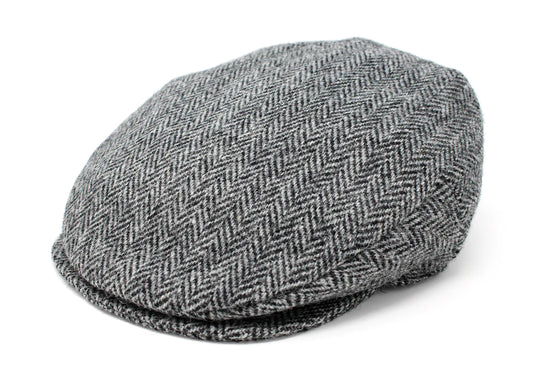 Donegal Touring Cap Tweed Black and White Herringbone by Hanna Hats (shown in flat)