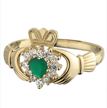 Load image into Gallery viewer, 10K Gold Claddagh Ring with Green Agate &amp; CZ Diamonds