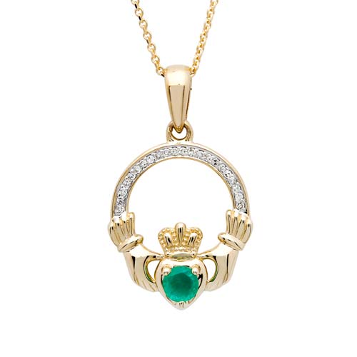 14K Emerald & Diamond Claddagh Necklace