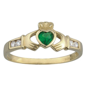 10k Gold Claddagh Ring Syn Emerald & CZ