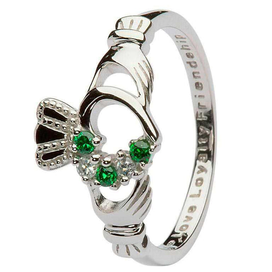 Sterling Silver Open Heart Claddagh Ring with stones