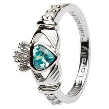 Load image into Gallery viewer, March Birthstone Claddagh Ring in Sterling Silver