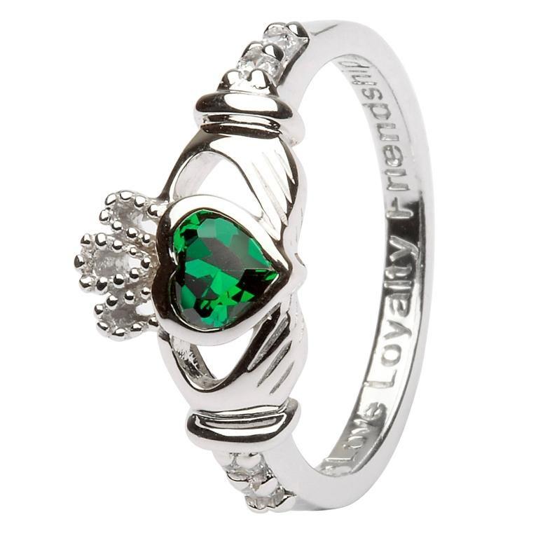 May Birthstone Claddagh Ring in Sterling Silver